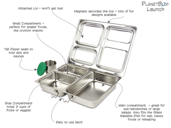 PlanetBox LAUNCH Stainless Steel Bento Lunch Box (3 compartments) - phunkyBento